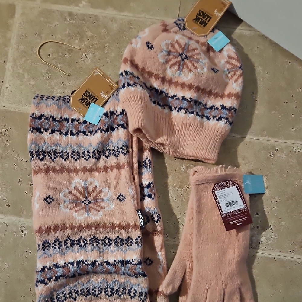 Pink and Blue Knit Hat, Scarf, and Gloves Set